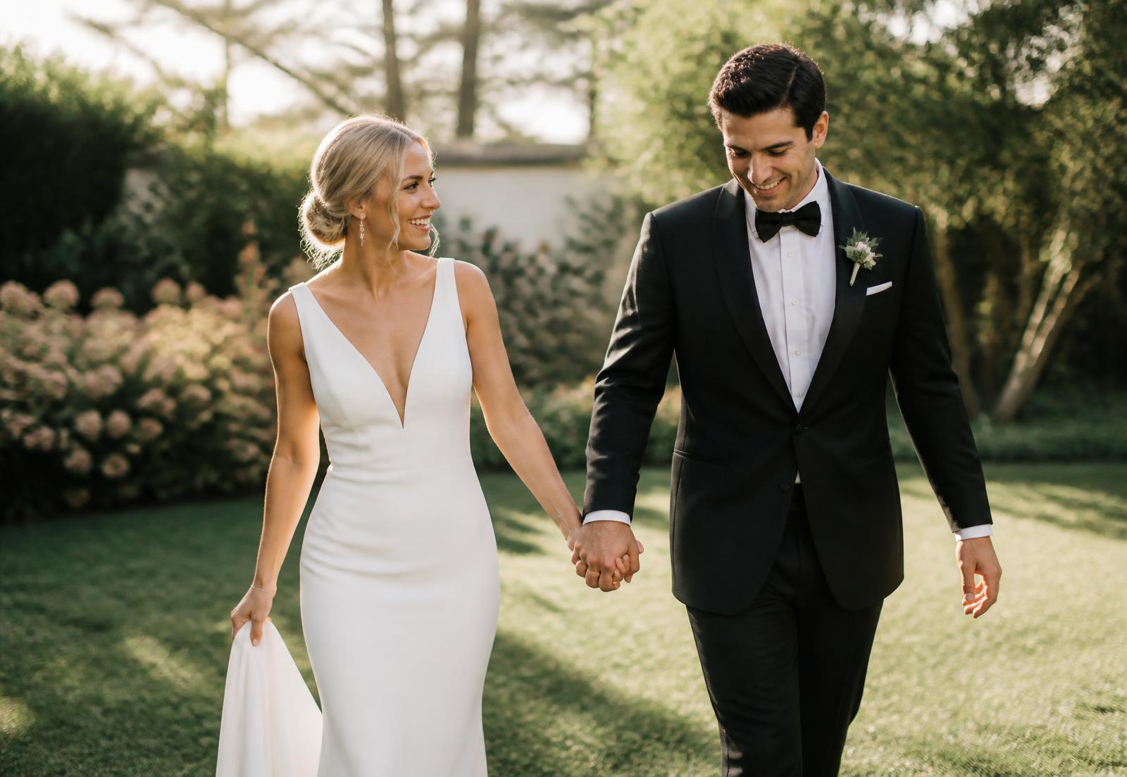 Bride and groom holding hands in a sunlit garden on their wedding day